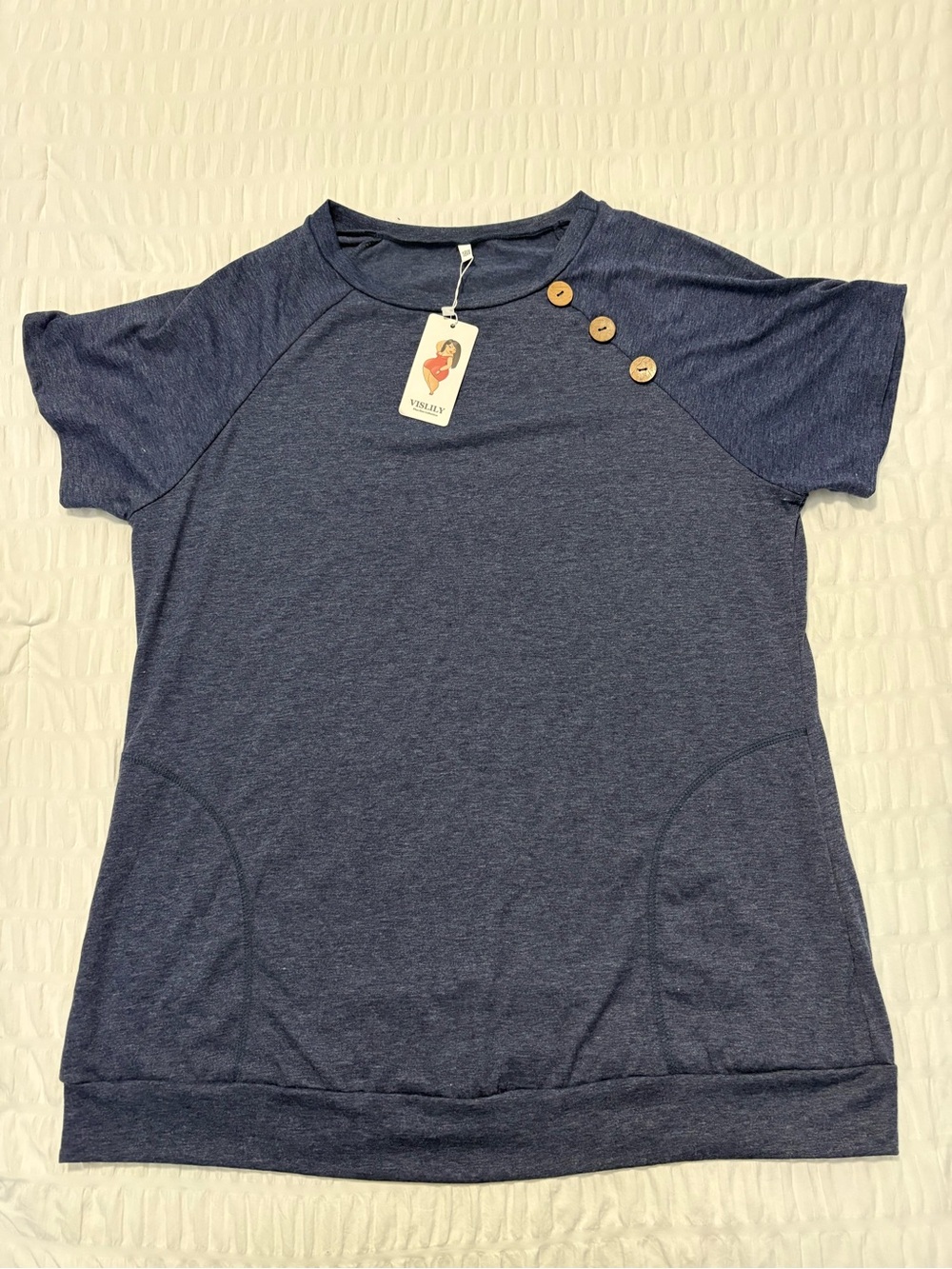 Plus Size Vislily Blue Short-Sleeve Women's Tee with Shoulder Button Detail